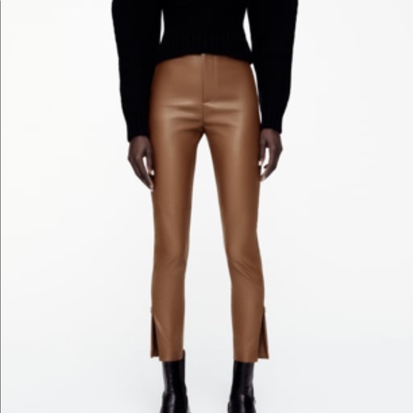 Zara Pants - Zara faux leather pants, high waisted, sz S, camel